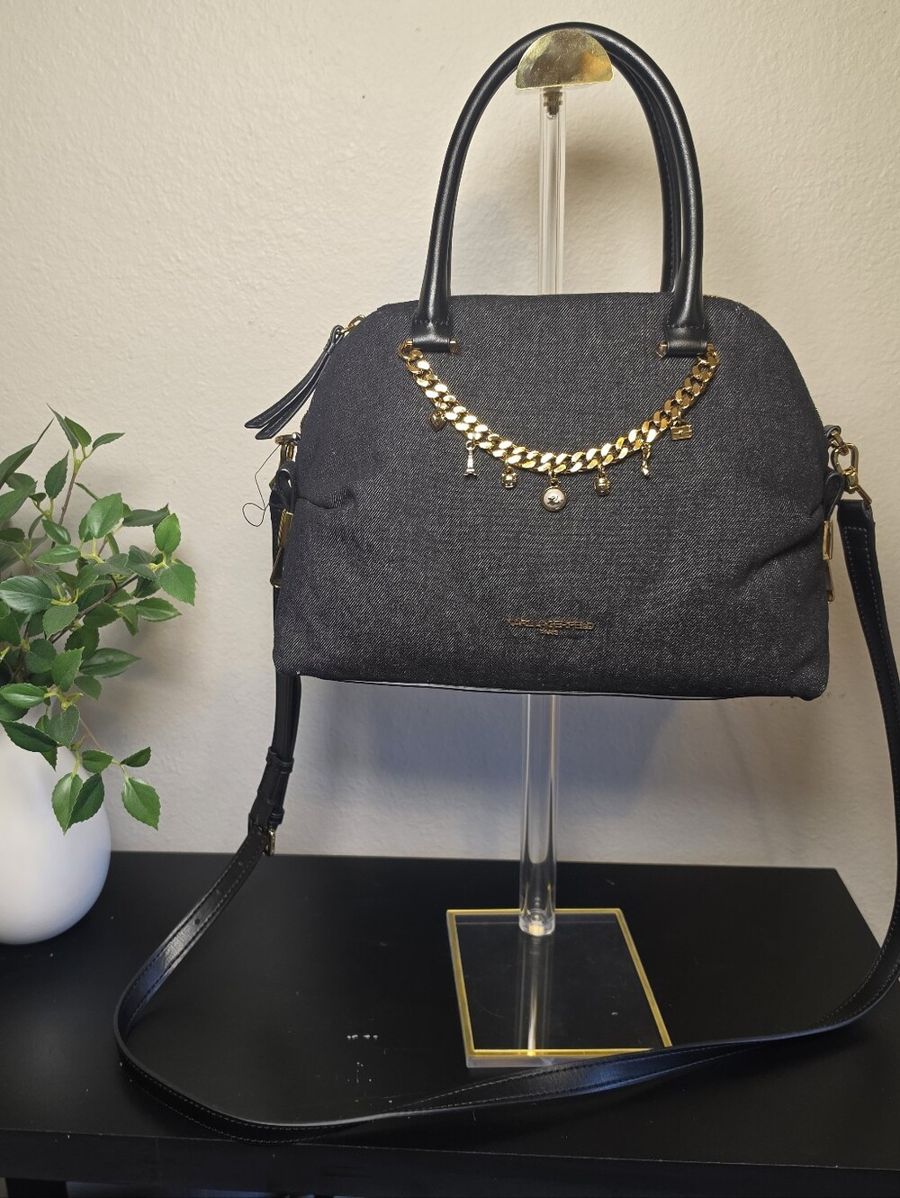 NWT Karl Lagerfeld Paris Black Denim Charm Satchel Crossbody Bag Gold Hardware